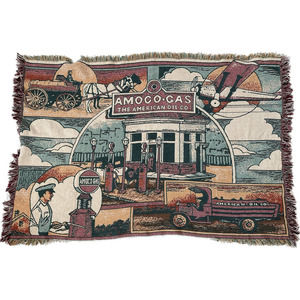 Vintage Amoco Gas Fringe Tapestry Throw Blanket USA 64" x 43" VTG